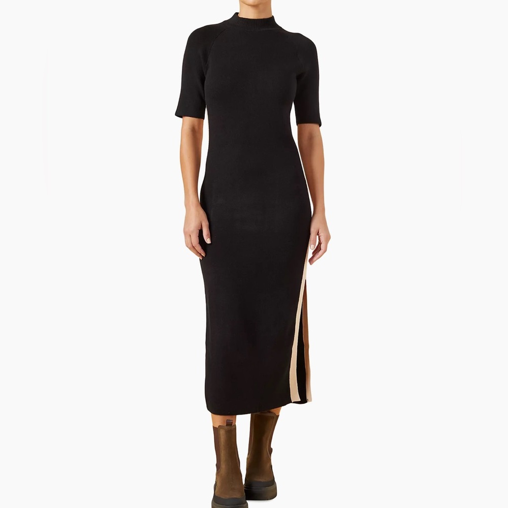 MONROW Midi Knit Dress in Black with Tan Stripe Size XS
